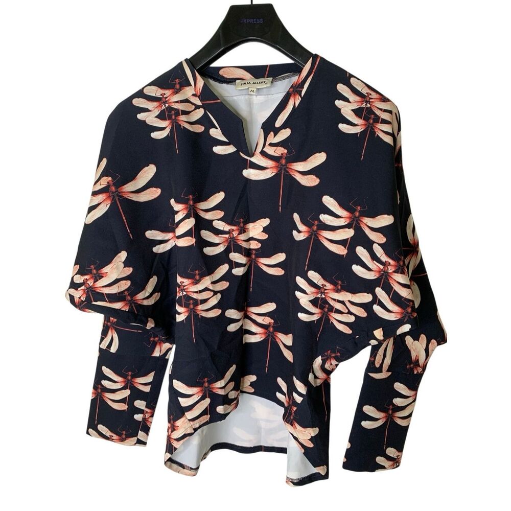 Julia Allert dragonfly-patterned blouse V-neckline long sleeves women's medium